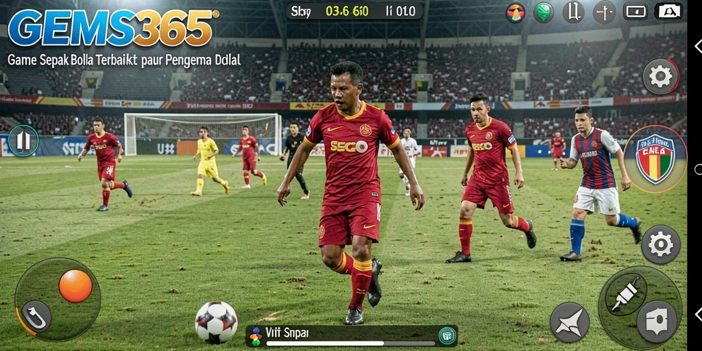Screenshot utama game GEMS365 menampilkan aksi seru di lapangan sepak bola.