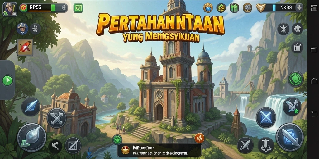 Tangkapan layar gameplay RP55 menampilkan menara yang sedang beraksi melawan gelombang musuh.