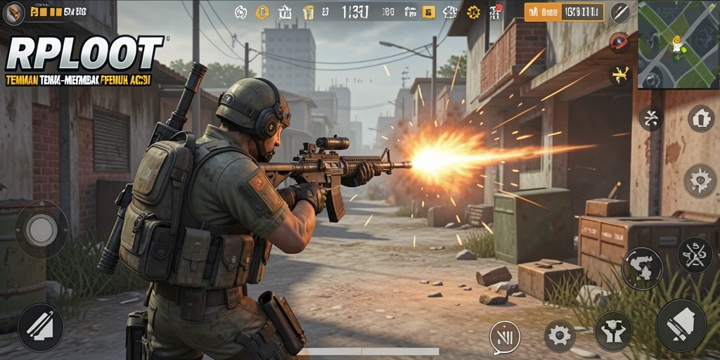 Screenshot gameplay <strong>RPLOOT</strong> menampilkan aksi tembak-menembak yang mendebarkan.