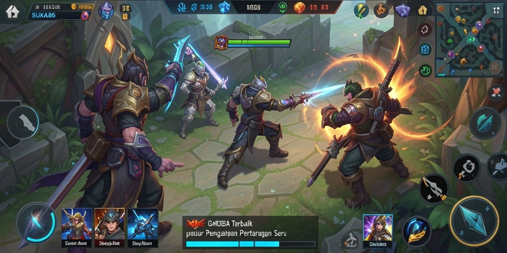 Screenshot gameplay SUKA86 menampilkan aksi pertempuran seru di arena MOBA.